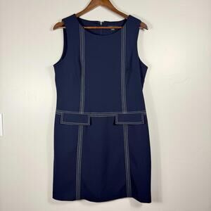 Tommy Hilfiger Navy Blue Stretch Crewneck Midi Dress Size 12 Sleeveless Preppy